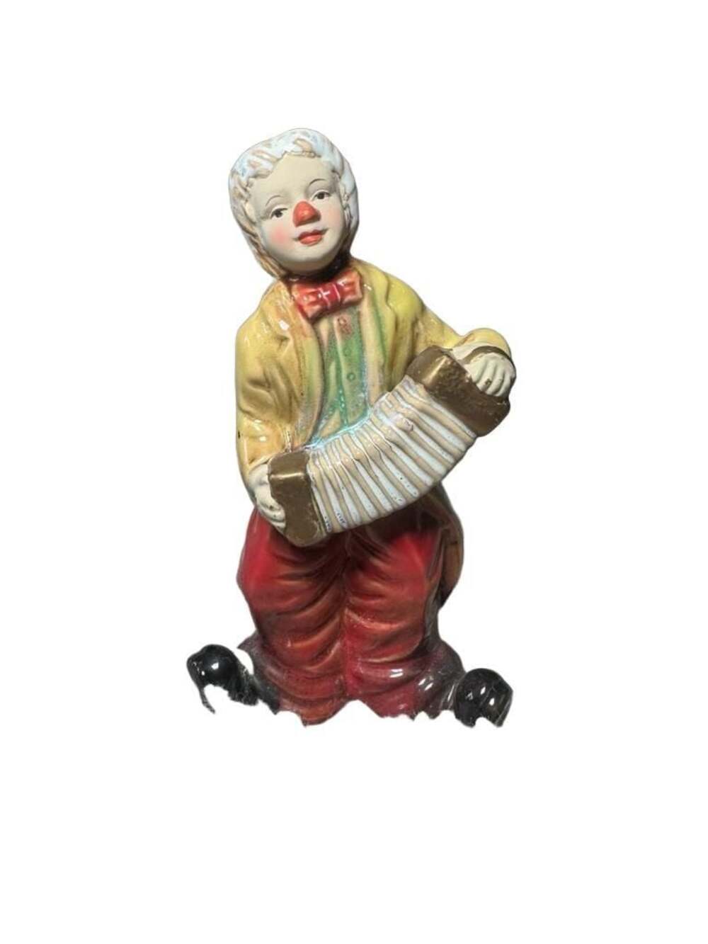 Vintage Hand-Painted Glazed Ceramic Clown Figurine Playing Accordion